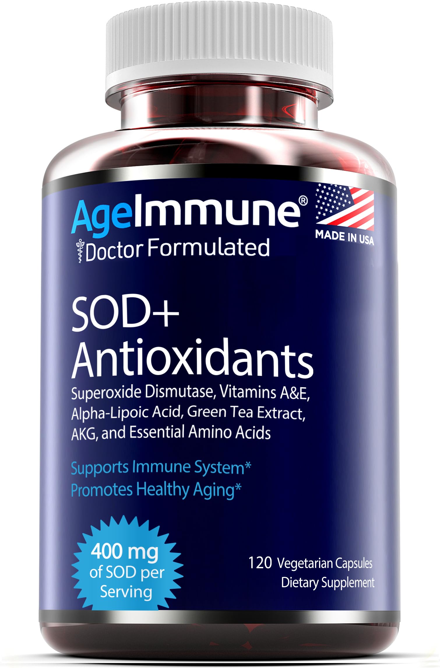 AgeImmune SOD box and bottle shown in a clean, health-focused setting.