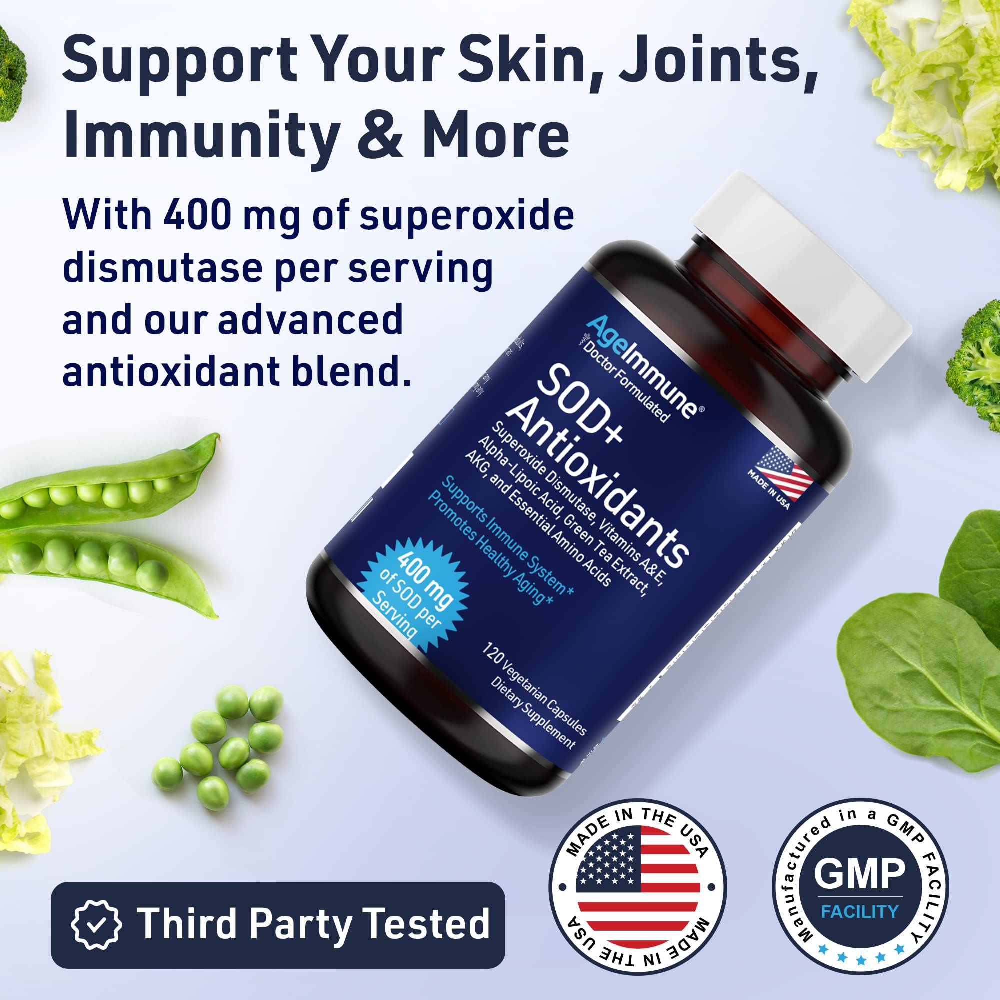 AgeImmune SOD bottle label with green tea extract and vitamins for immune support.