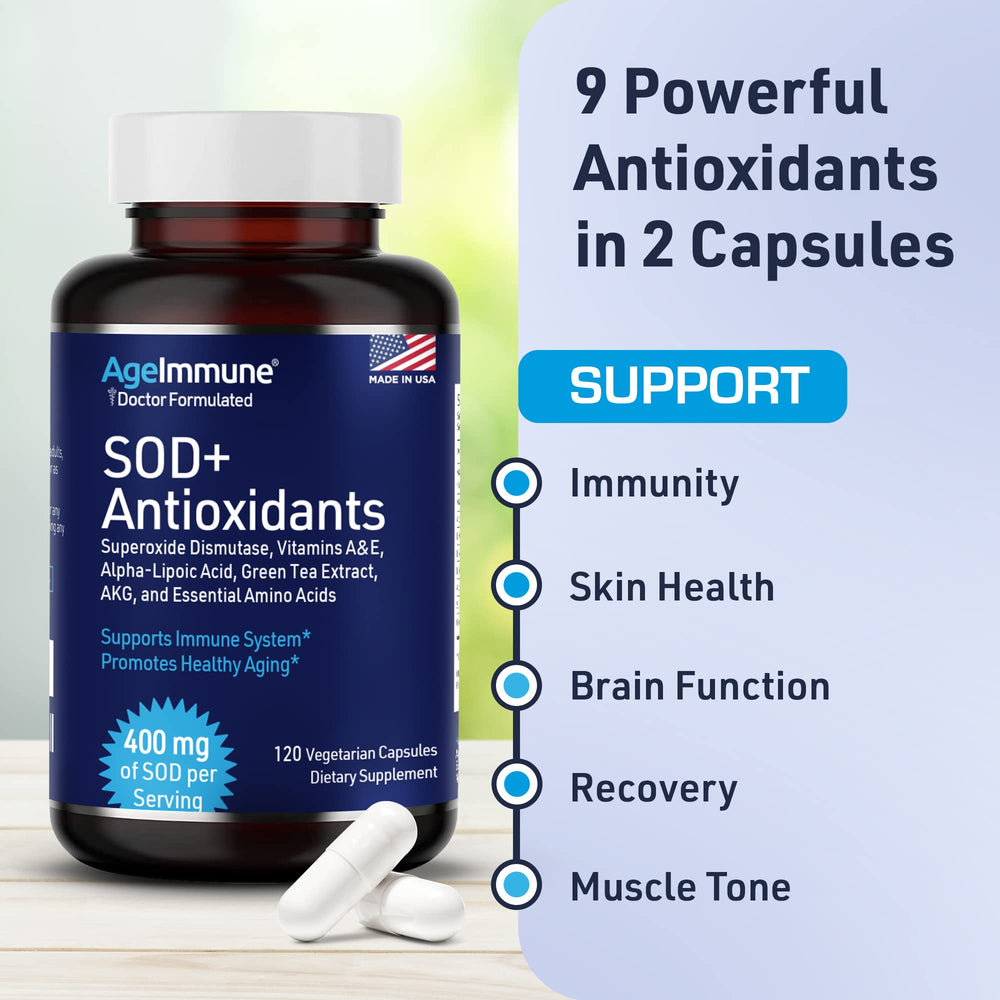 AgeImmune SOD capsules being poured to illustrate easy daily intake routine.
