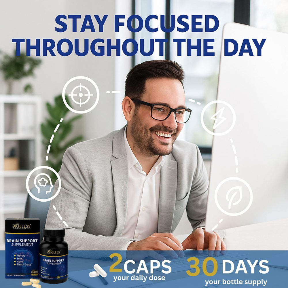 Ageless Brain ingredients laid out, showcasing vitamin blends for brain function.