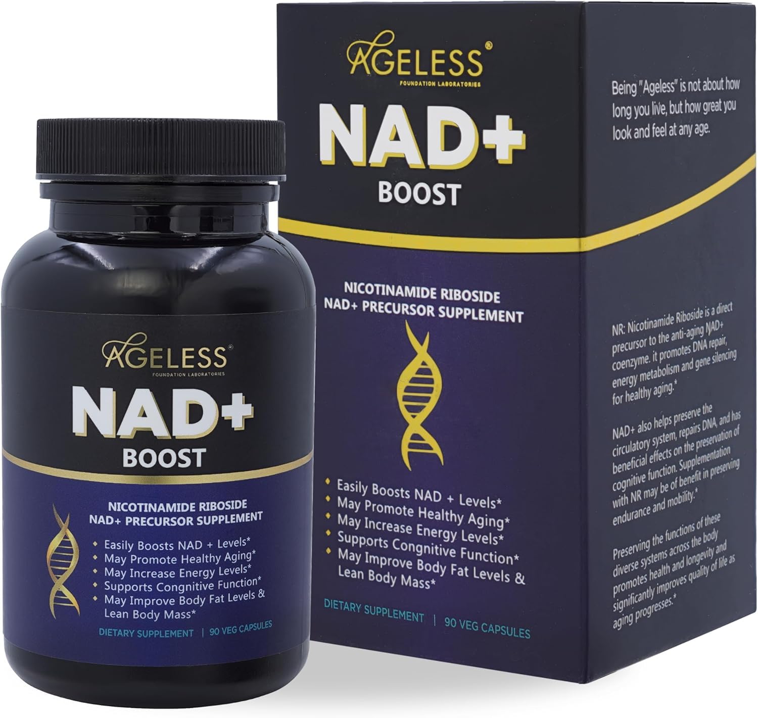 Ageless Foundation Laboratories NAD+ front view reinforces trusted wellness routine.