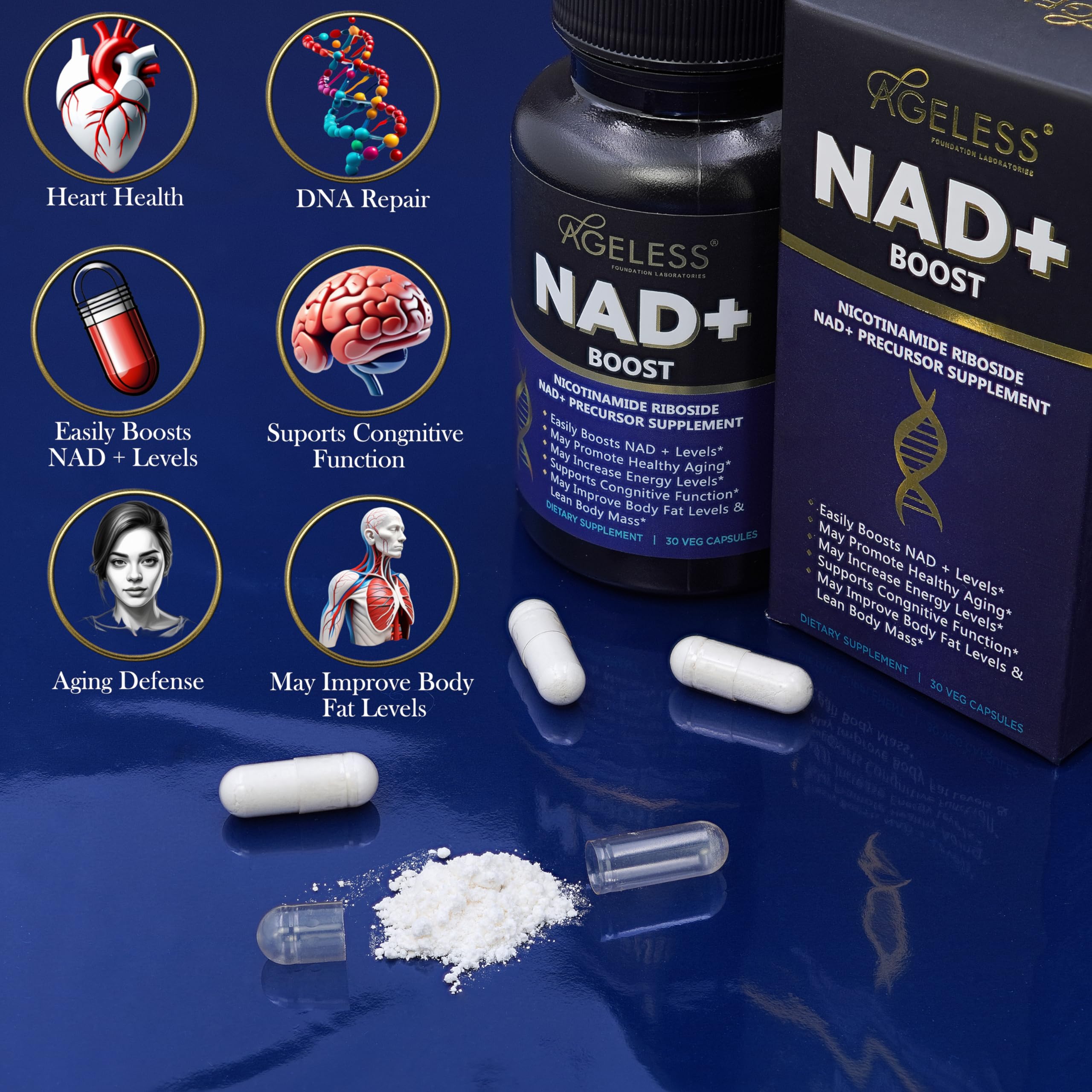 Ageless Foundation Laboratories NAD+ label closeup signals cognitive focus potential.