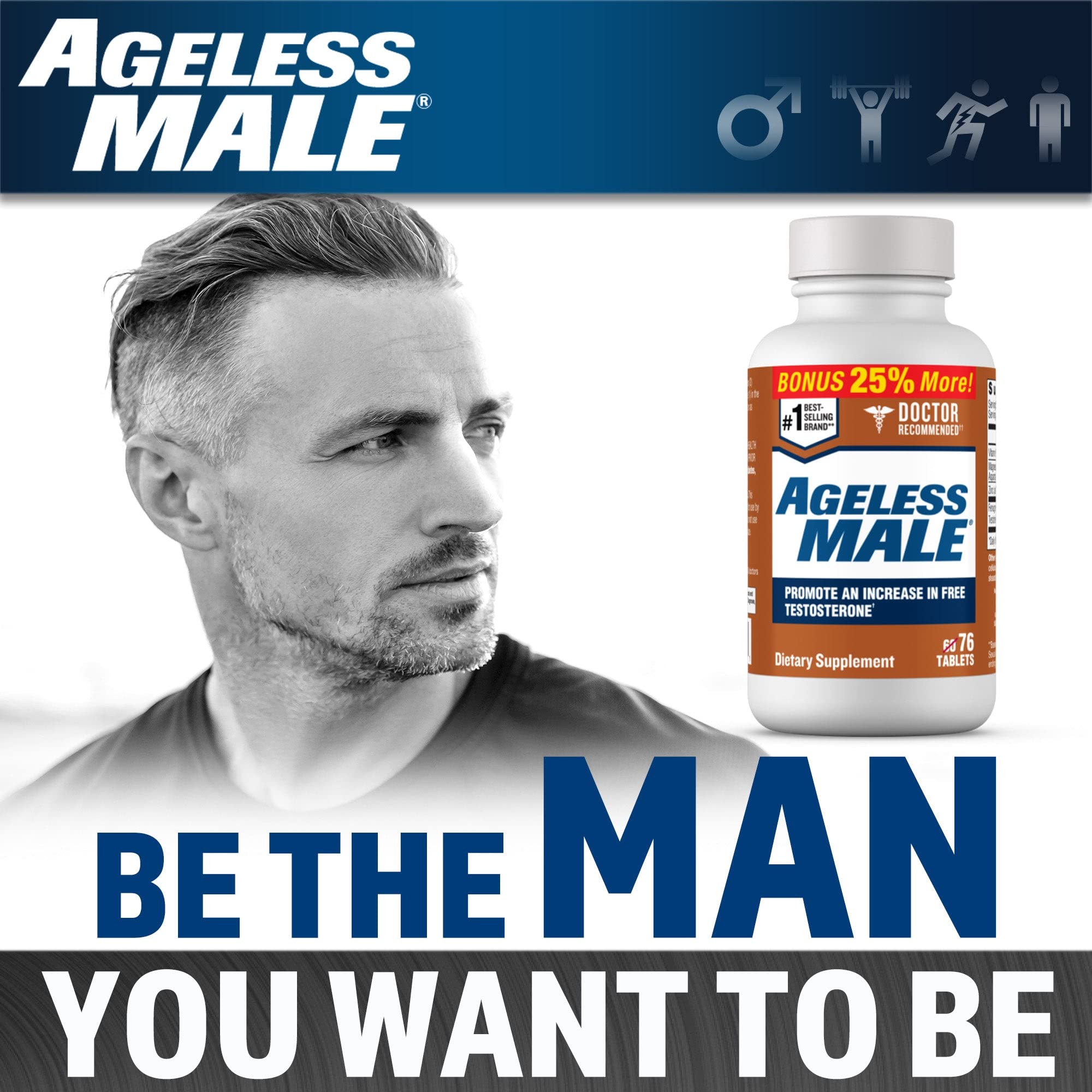 Ageless Male daily routine bottle with 76 tablets for consistency