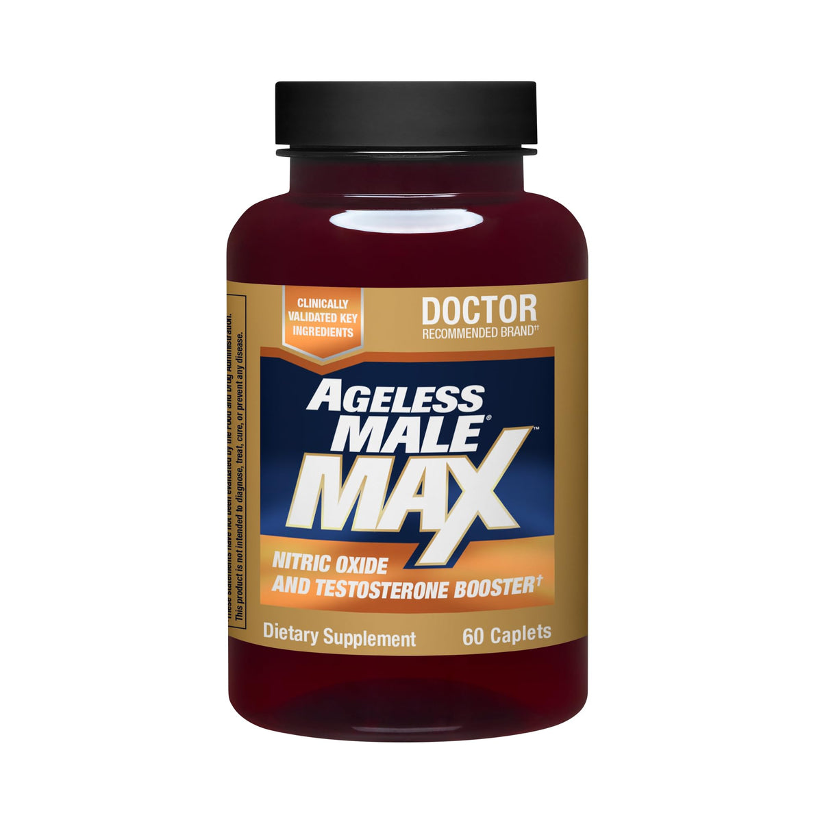 Ageless Male Max bottle with caplets shown for convenient testosterone support.