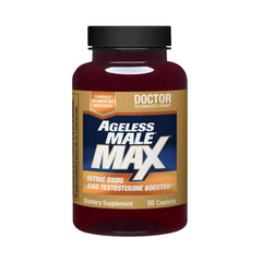 Ageless Male Max bottle with caplets shown for convenient testosterone support.