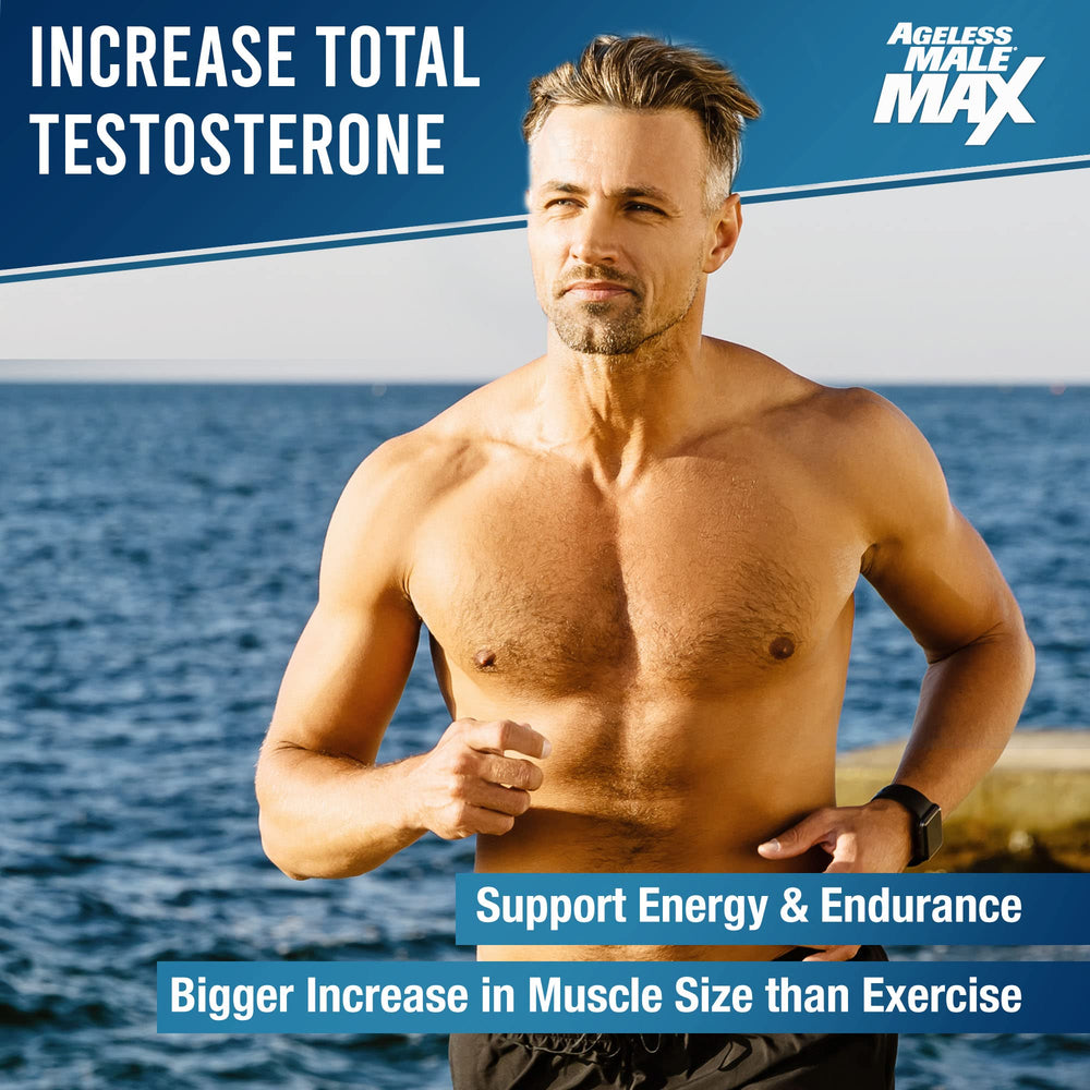 Ageless Male Max bottle close-up showing KSM-66 for testosterone support.