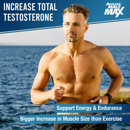 Ageless Male Max bottle close-up showing KSM-66 for testosterone support.