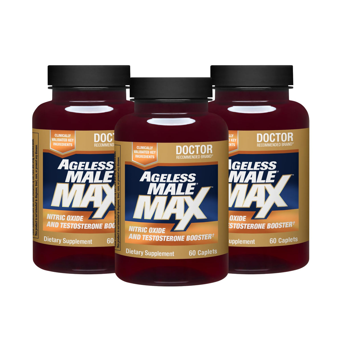 Ageless Male Max bottle front view highlighting total testosterone support.
