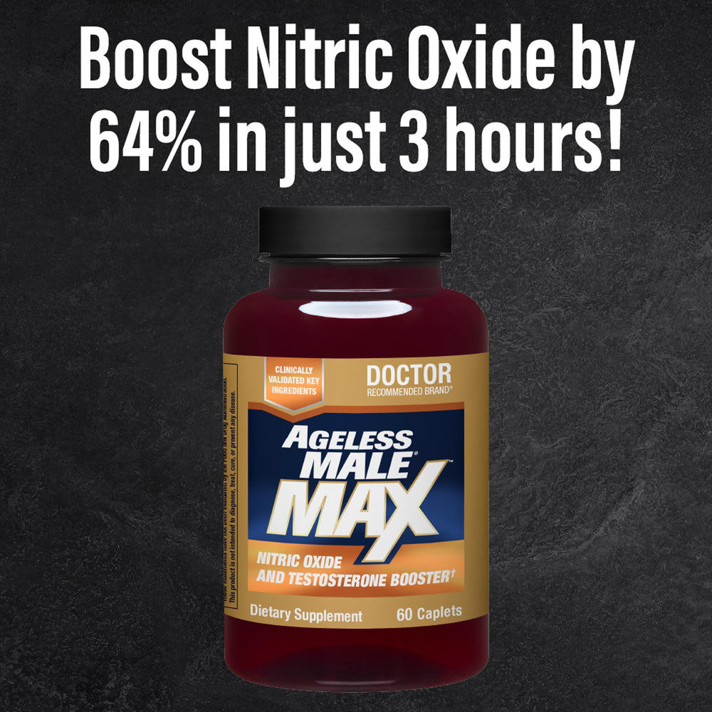 Ageless Male Max bottle label featuring NOXPerform for nitric oxide boost.