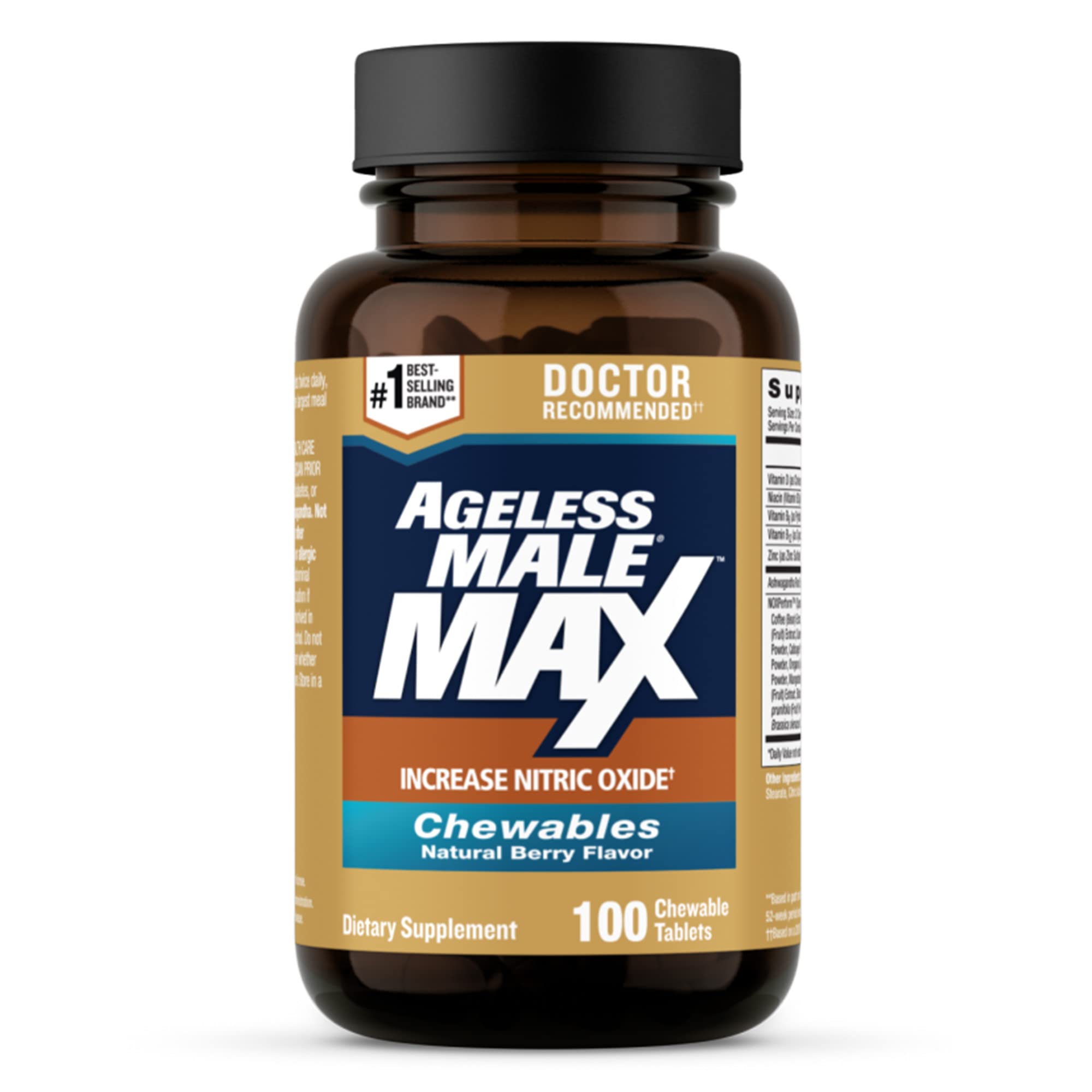 Ageless Male Max bottle label highlighting the NO booster formula for daily energy support.