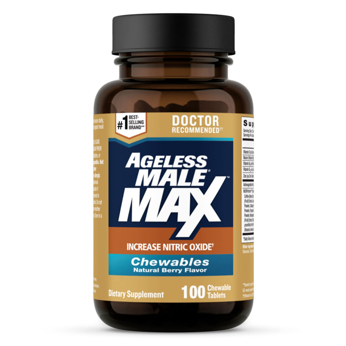 Ageless Male Max bottle label highlighting the NO booster formula for daily energy support.