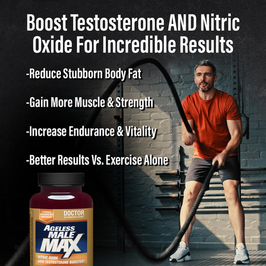 Ageless Male Max bottle label shows key ingredients for body composition