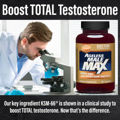 Close-up of Ageless Male Max caplets highlighting daily dosing and caffeine-free formula.