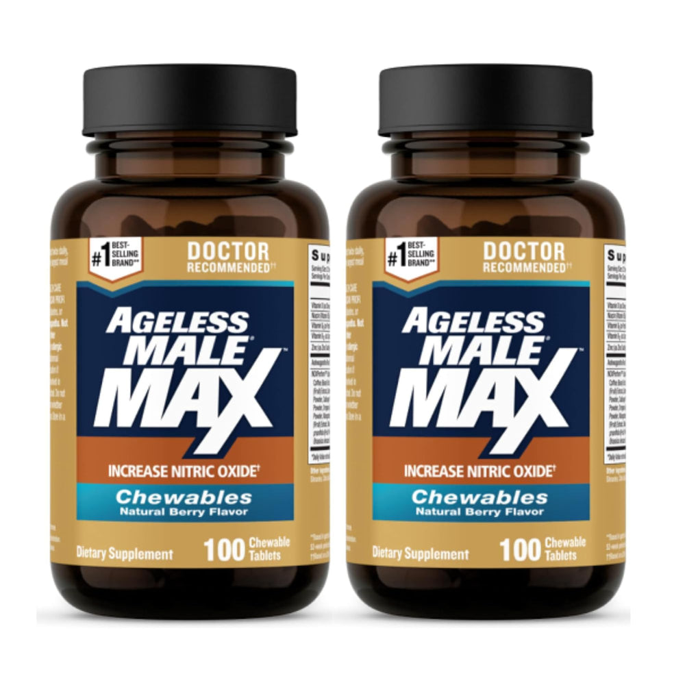 Ageless Male Max chewable berry bottle for convenient daily workouts and energy