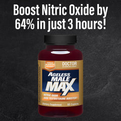 Ageless Male Max label graphic featuring KSM-66 and NOXPerform ingredients.