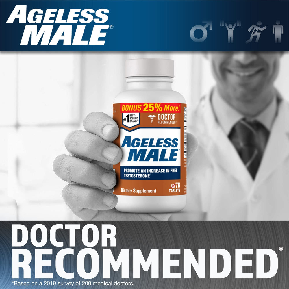 Ageless Male tablets closeup showing natural ingredients for testosterone support