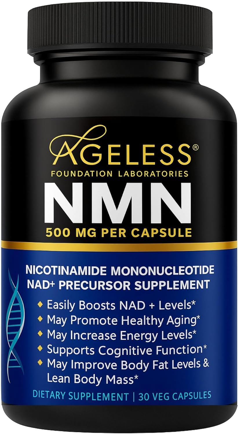 Ageless NMN 500mg capsules bottle supports daily energy and cellular health.