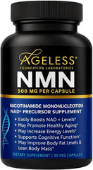 Ageless NMN 500mg capsules bottle supports daily energy and cellular health.