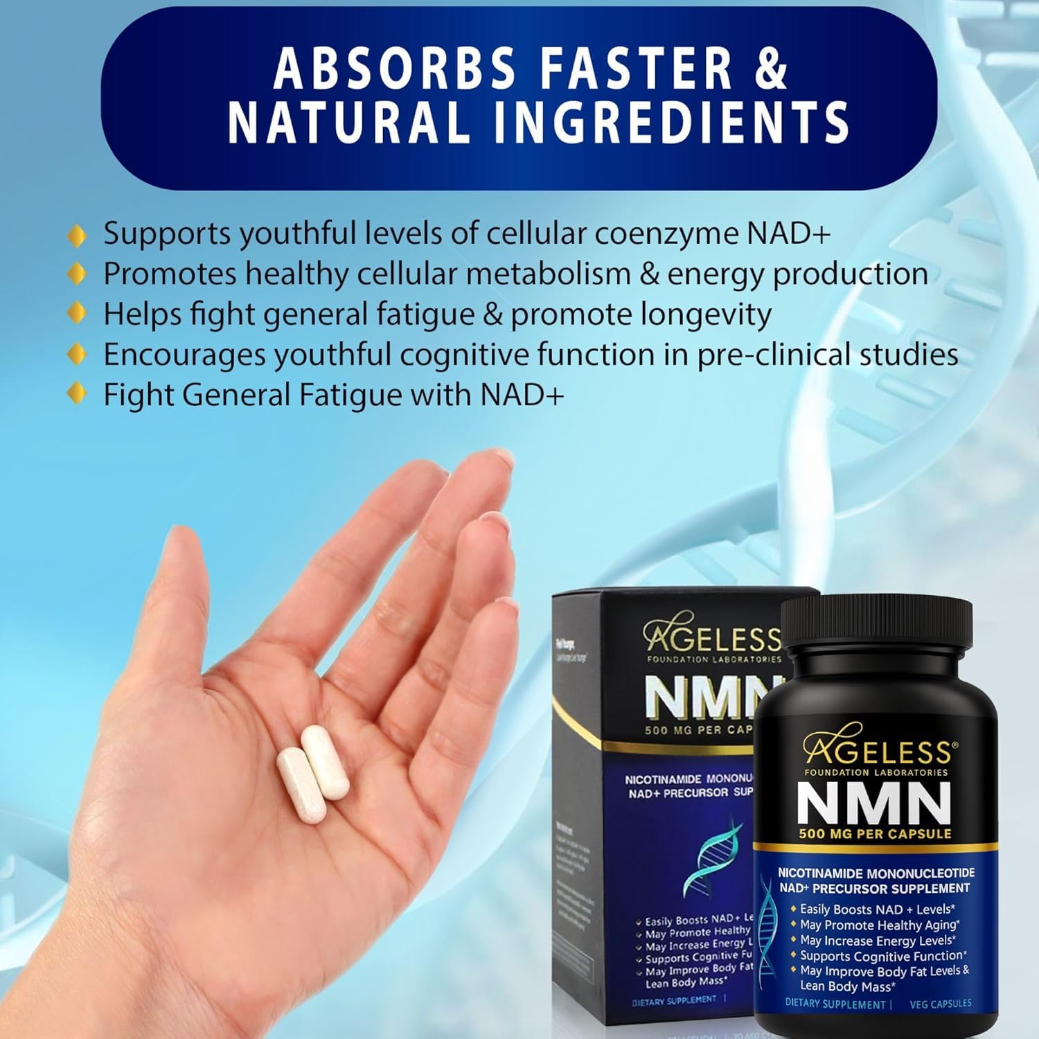 Ageless NMN bottle cap close-up shows secure, tamper-evident seal for safe use.