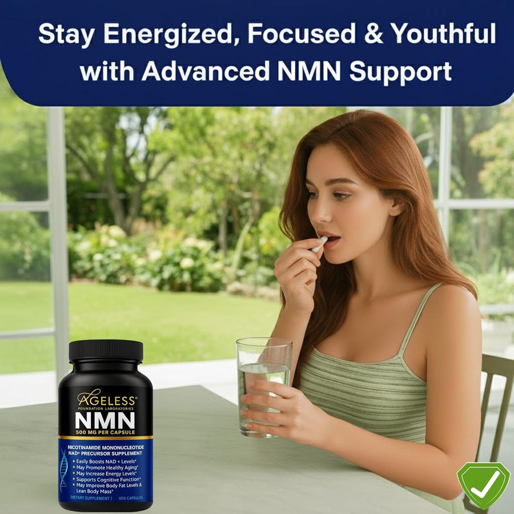 Ageless NMN capsules in hand suggest easy, on-the-go NAD+ support.