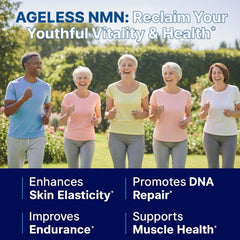 Ageless NMN label close-up highlights dosage and key features.