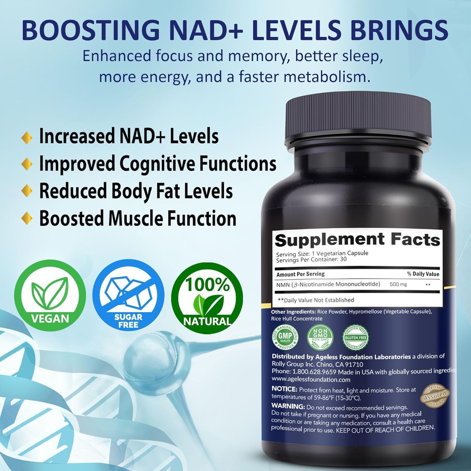 Ageless NMN package open shows easy dosing for regular use.