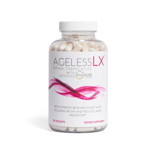 AgelessLX bottle pouring capsules for daily skin and hair support.