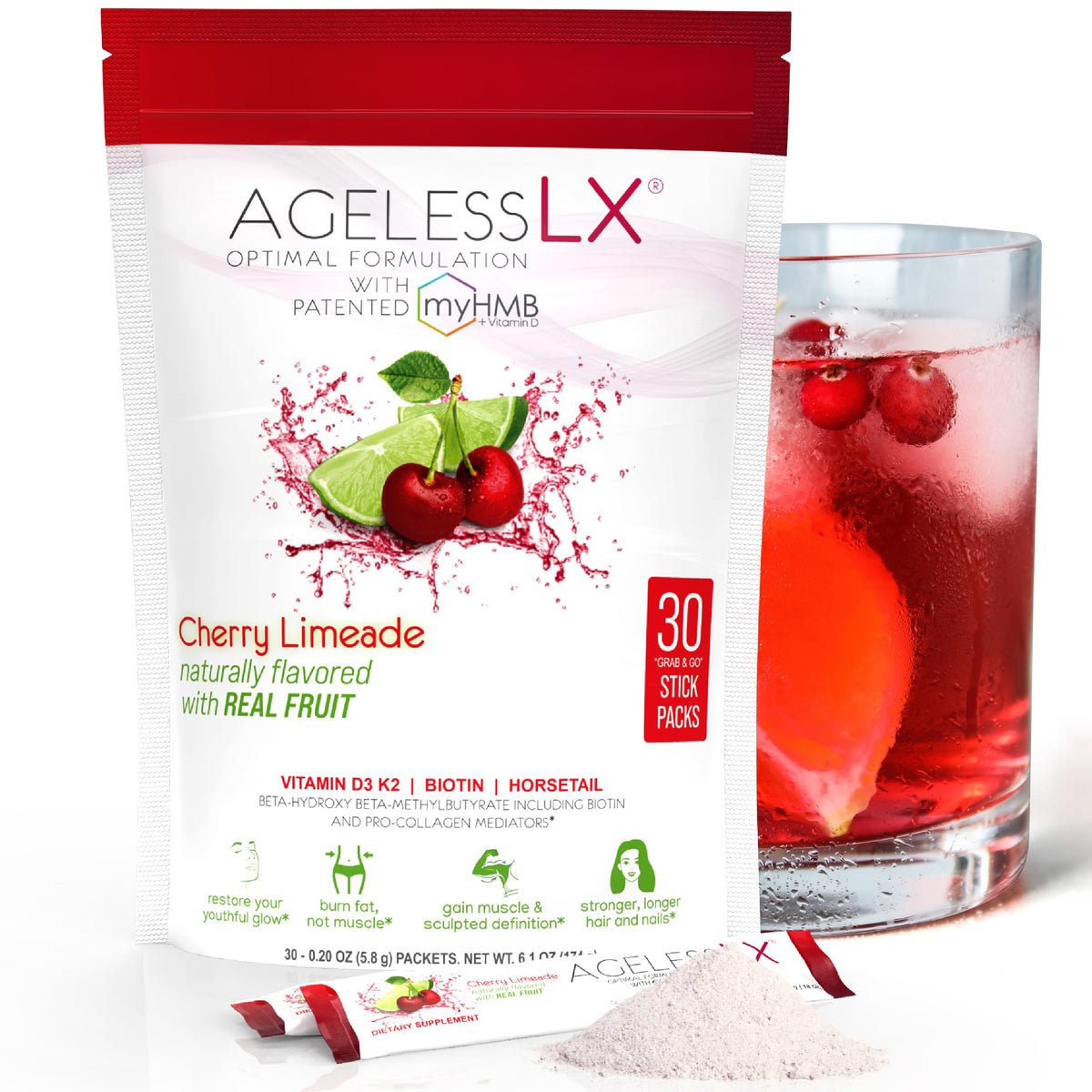 AgelessLX Cherry Limeade powder in a glass, promoting lean muscles and radiant skin