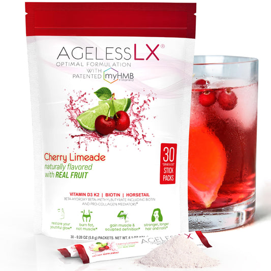 AgelessLX Cherry Limeade powder in a glass, promoting lean muscles and radiant skin