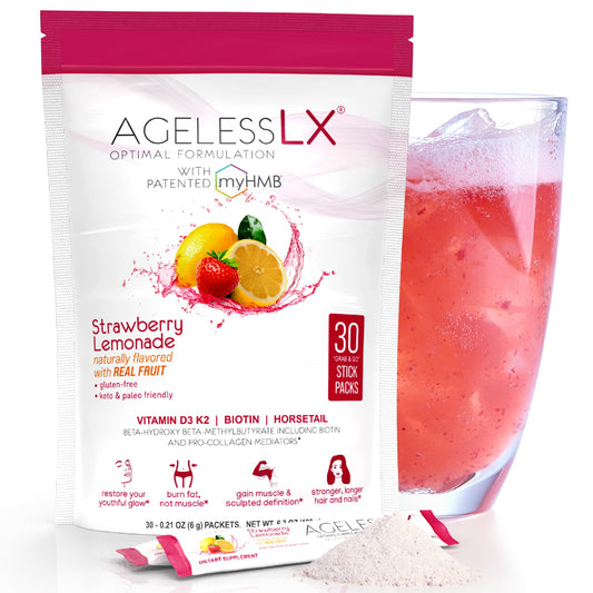 AgelessLX Strawberry Lemonade jar highlights flavor and daily lean-muscle support