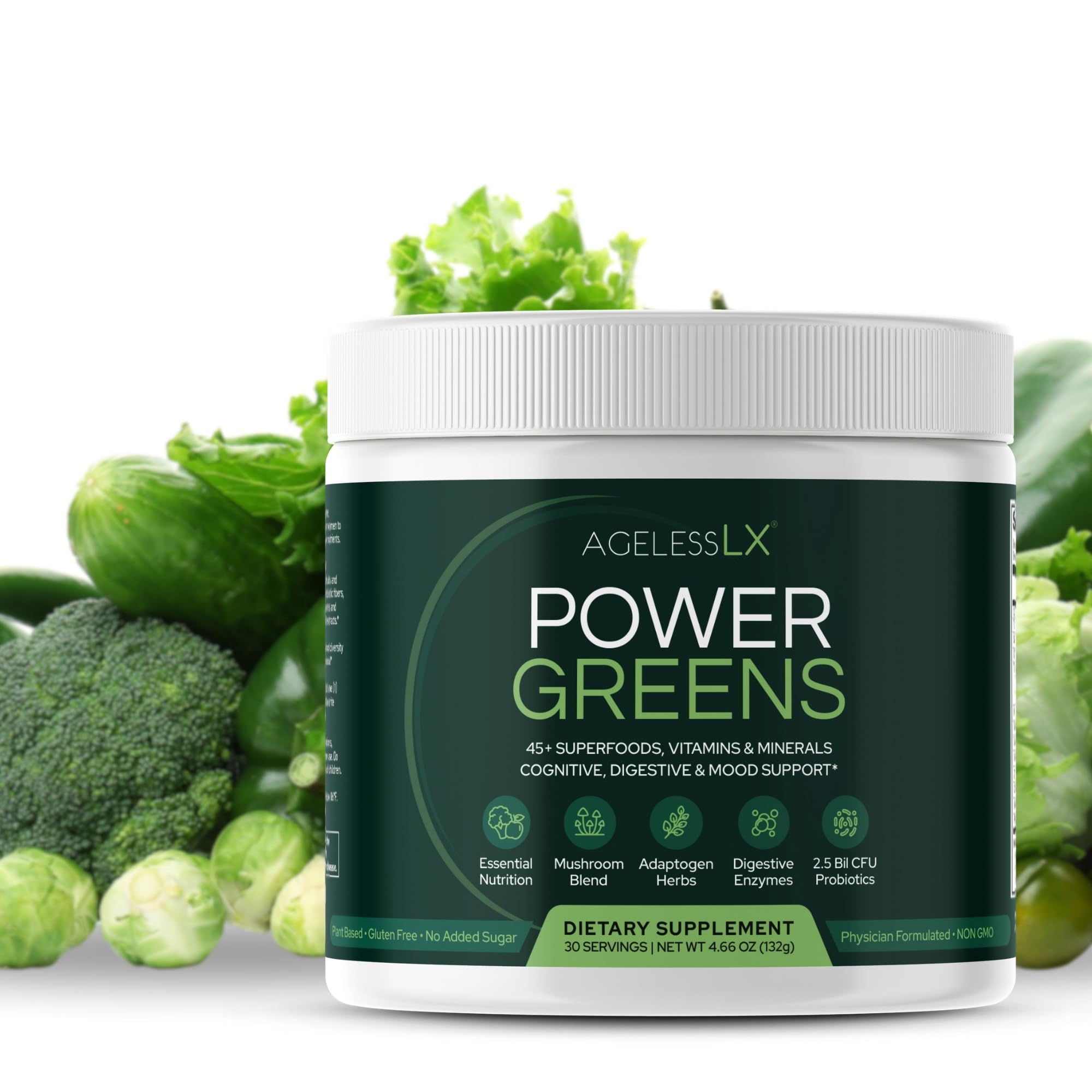 AgelessLX Power Greens powder with scoop ready to mix for quick energy support