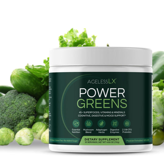 AgelessLX Power Greens powder with scoop ready to mix for quick energy support