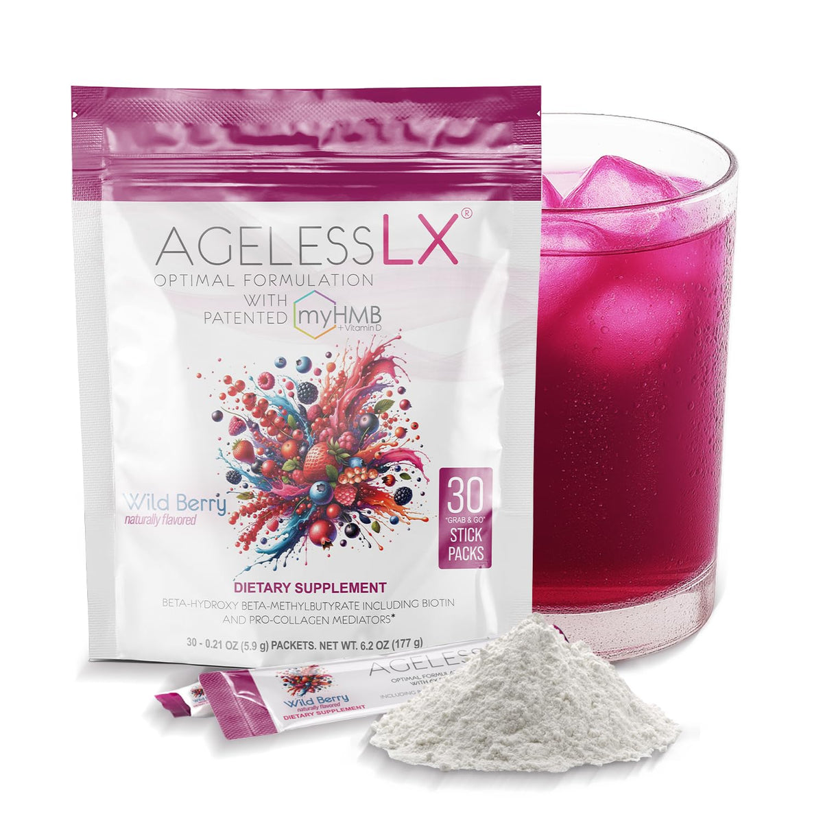 AgelessLX Wild Berry powder pack showing convenient daily packets for a tasty routine.