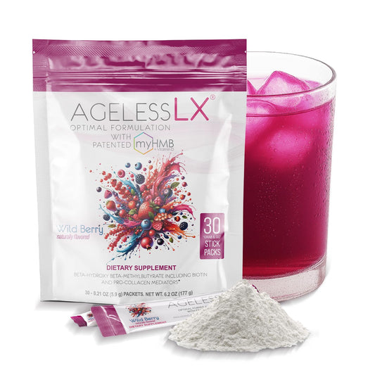 AgelessLX Wild Berry powder pack showing convenient daily packets for a tasty routine.