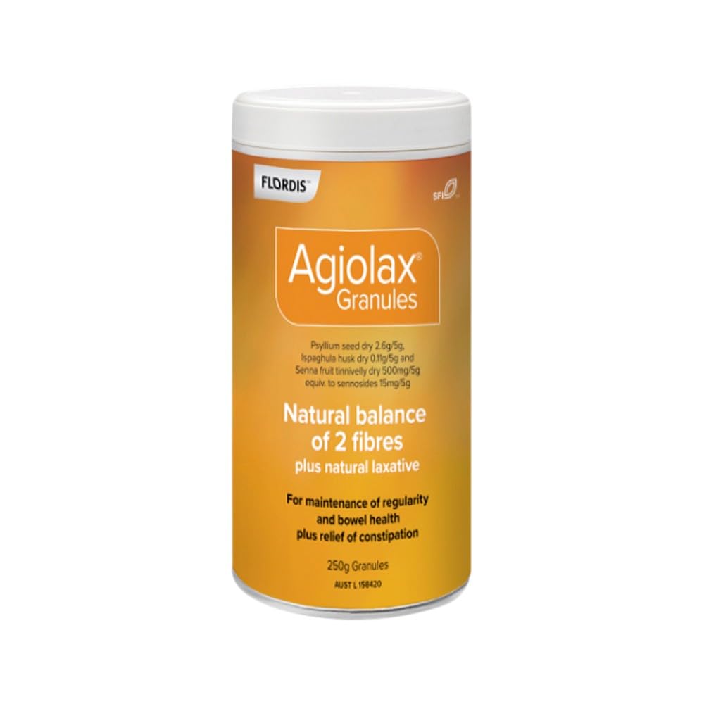 Agiolax Granules 250g packaging with scoop, supporting regular bowel function.