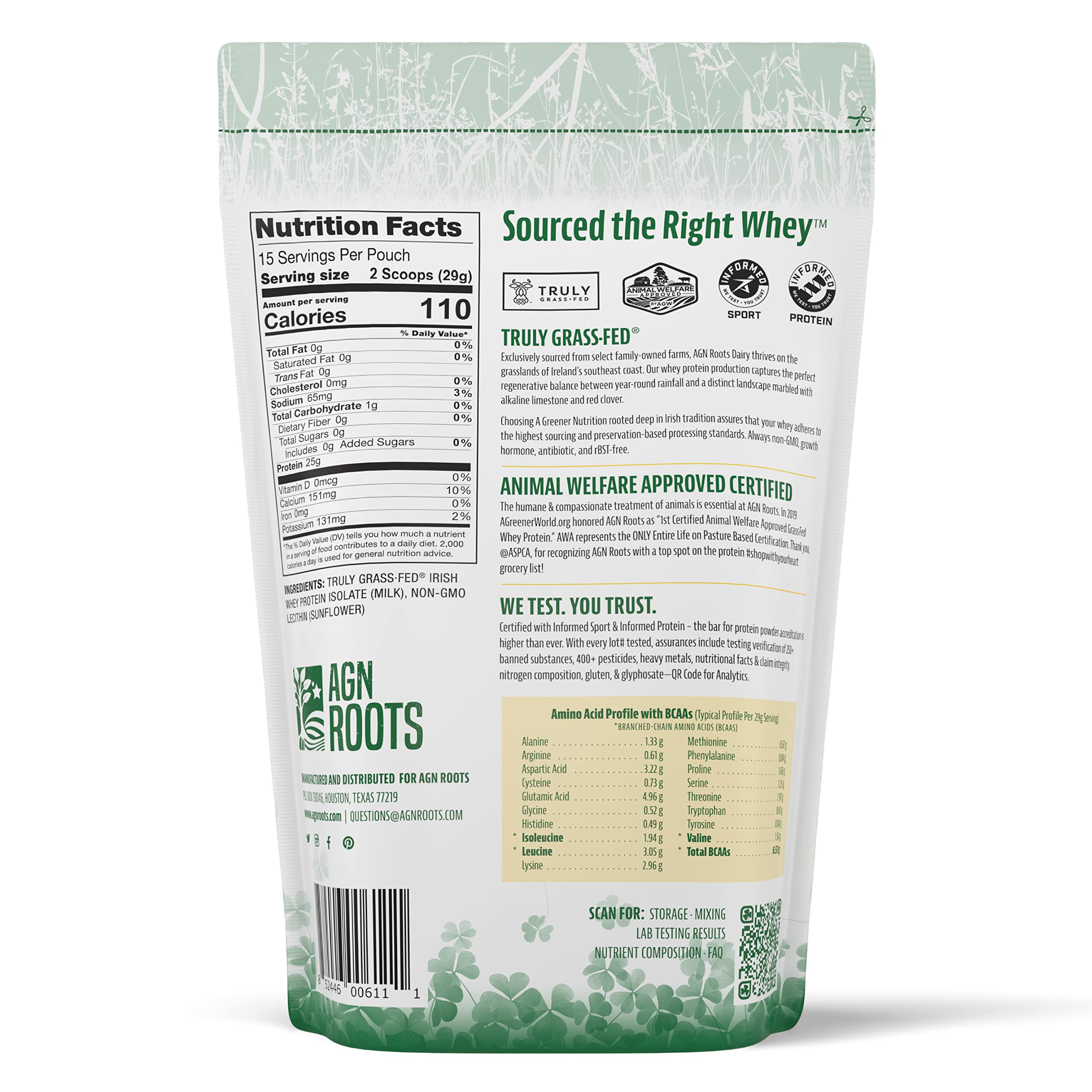 AGN Roots Grass Fed Whey Isolate unflavored bag, clean formula for mix-and-match recipes