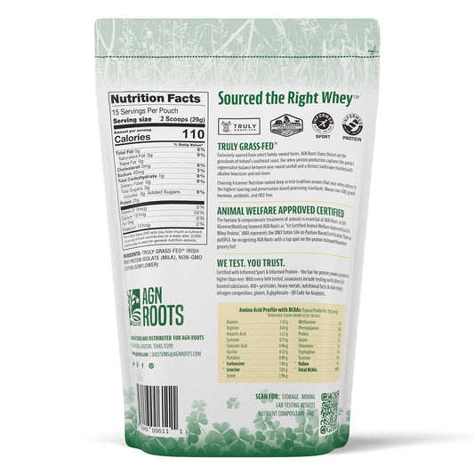 AGN Roots Grass Fed Whey Isolate unflavored bag, clean formula for mix-and-match recipes