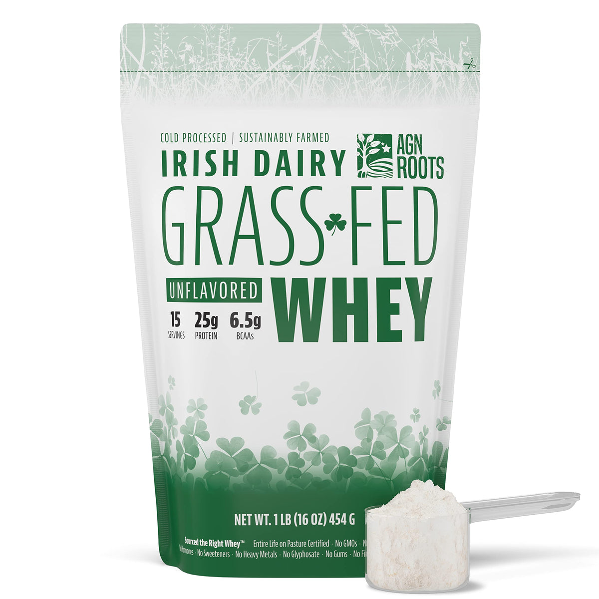 AGN Roots Grass Fed Whey Powder pouch with label, ready for post-workout shakes