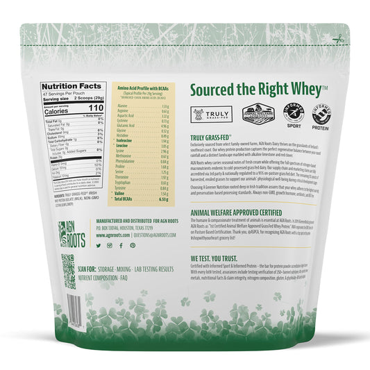AGN Roots Grass-Fed Whey powder with scoop demonstrates convenient serving sizes.