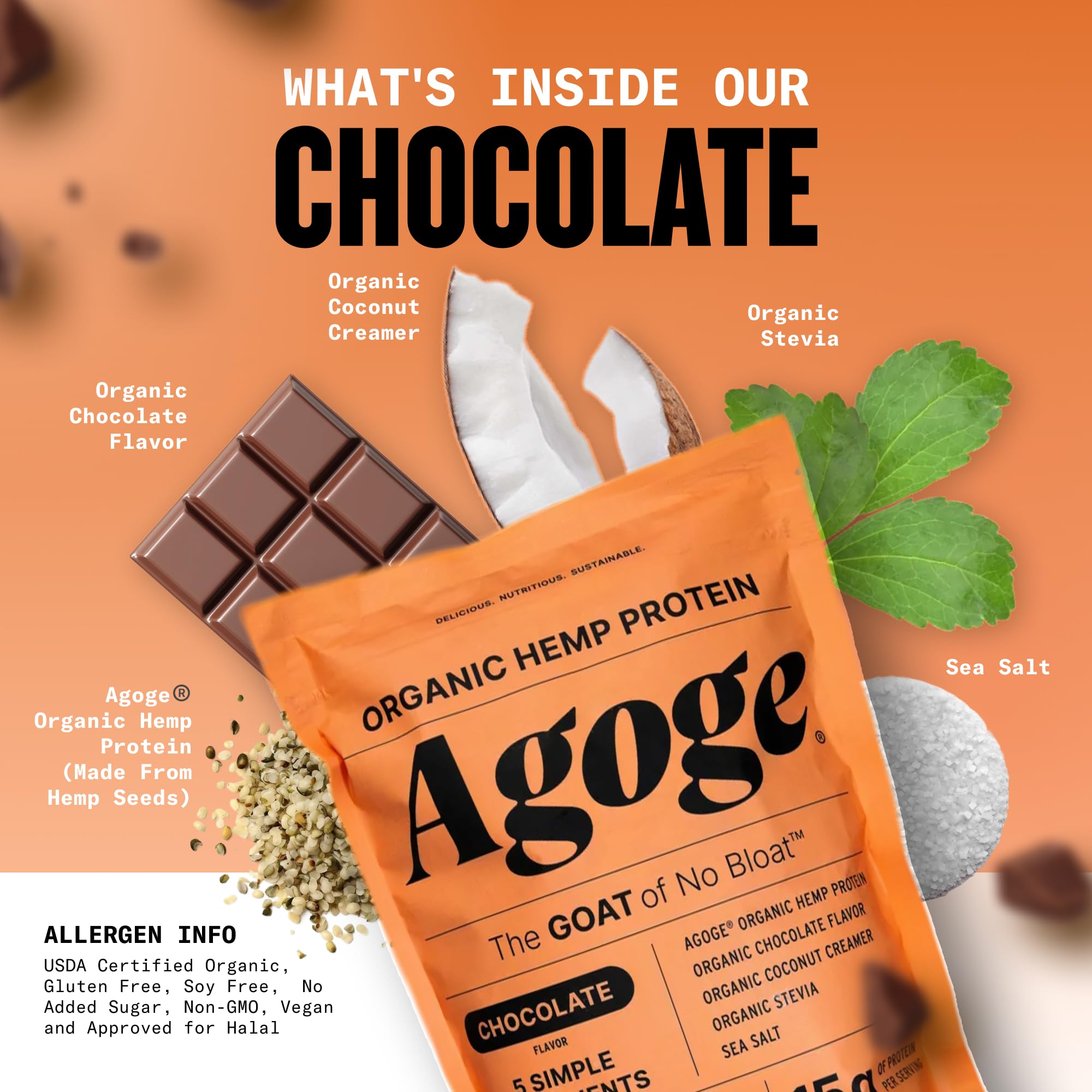 Agoge chocolate-flavor raw organic hemp protein powder for delicious shakes.