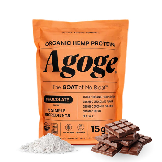 Agoge hemp protein powder chocolate 20 servings in scoop – supports daily energy and recovery.