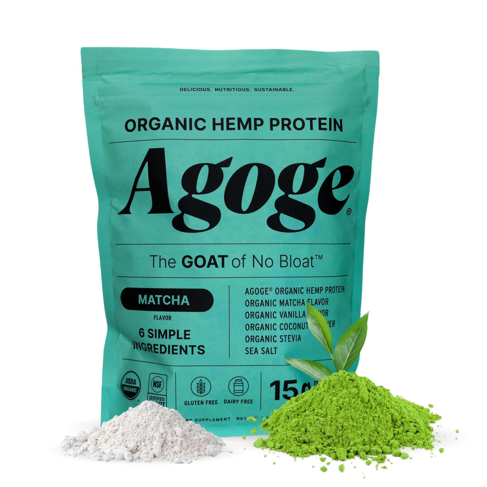Agoge hemp protein powder Matcha bottle showcases clean, energizing daily protein for workouts.
