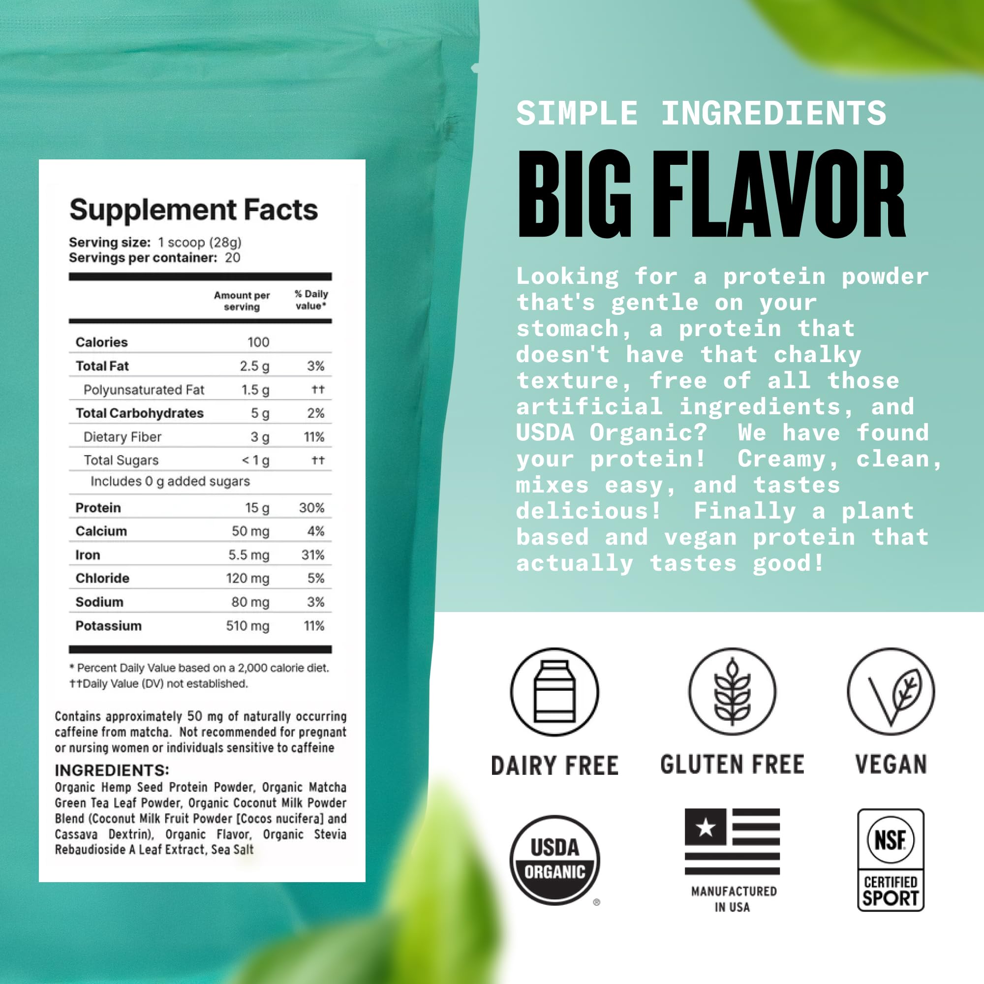 Agoge hemp protein powder Matcha label close-up highlights NSF-certified sport purity.