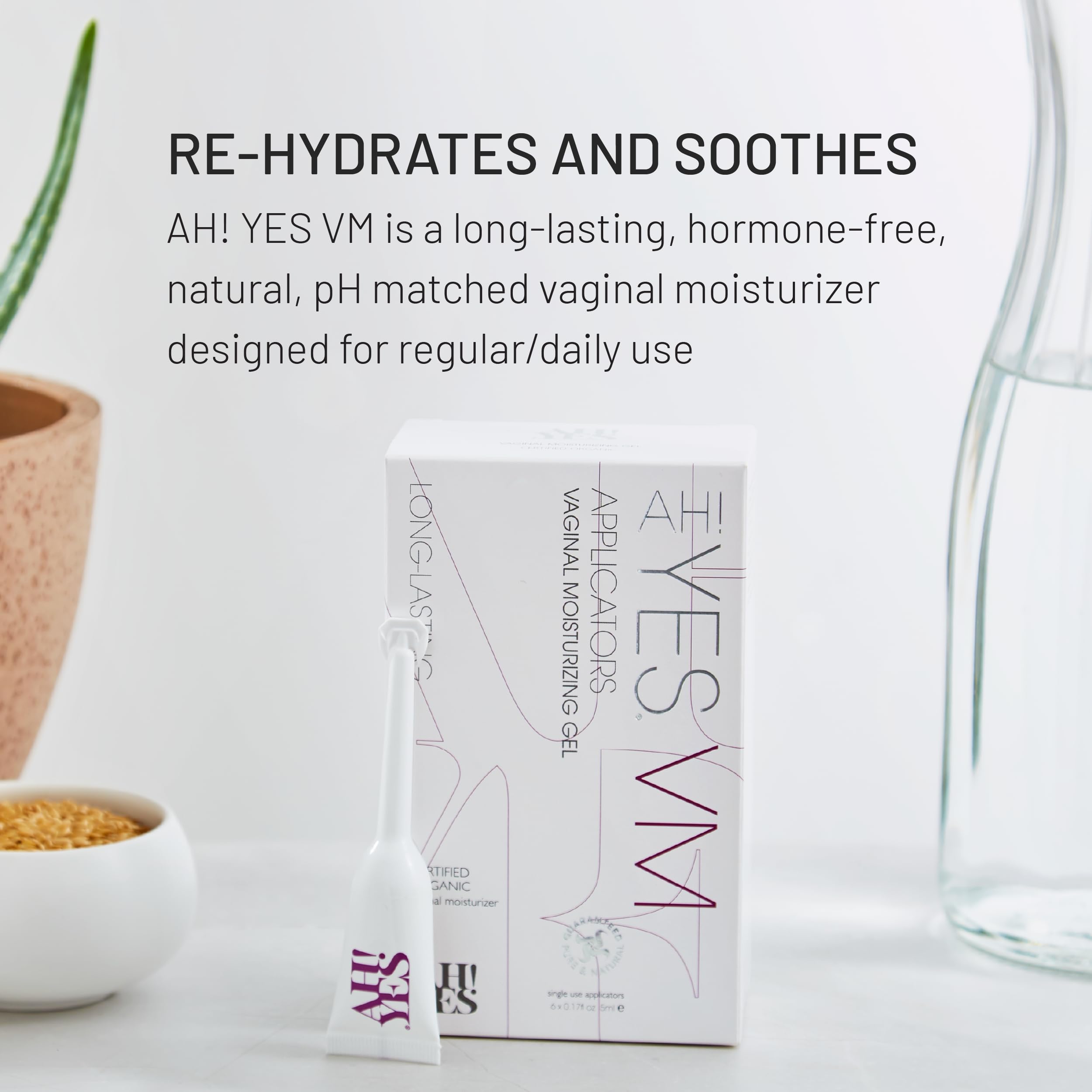 AH! YES VM packaging front highlighting organic and estrogen-free formula.