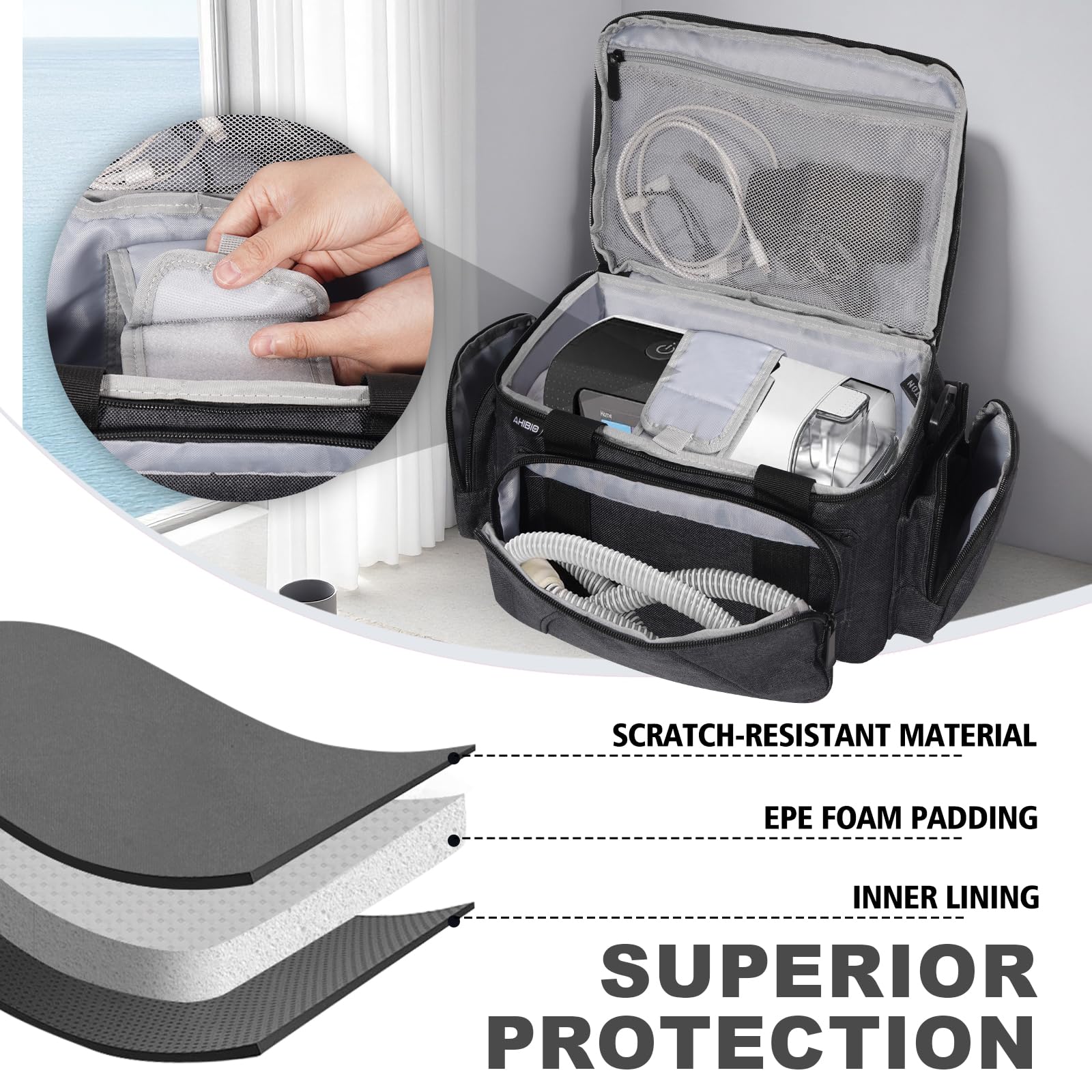 AHIBIO CPAP bag thick-foam-padding protects against impacts on the move