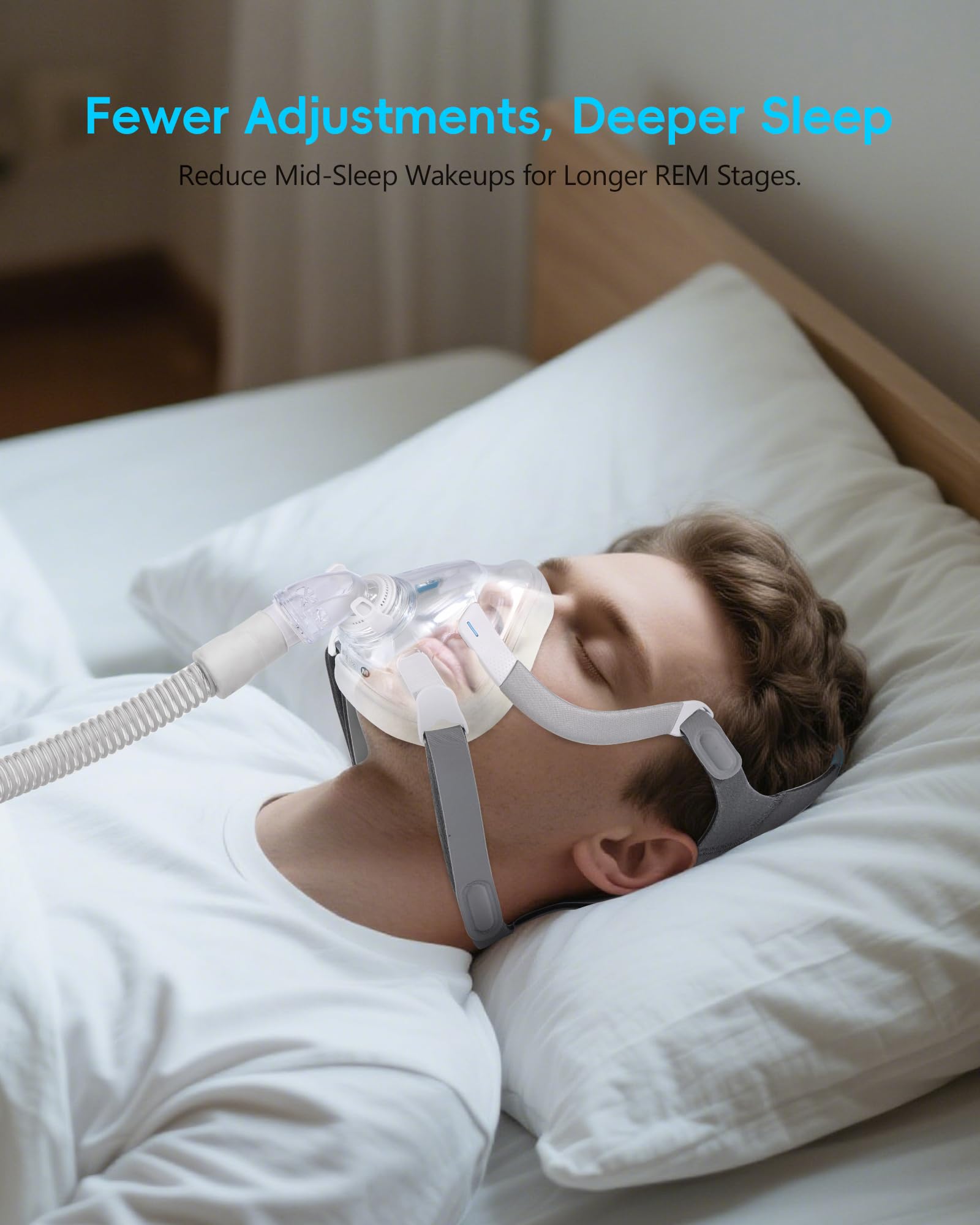 Soft fabric strap from AHIYIYI reduces facial marks during overnight wear.