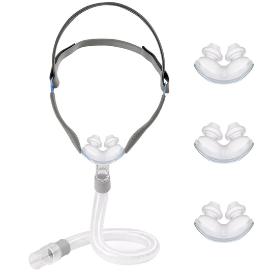 AIBUTI CPAP nasal pillow mask with 360° elbow for flexible night adjustments.
