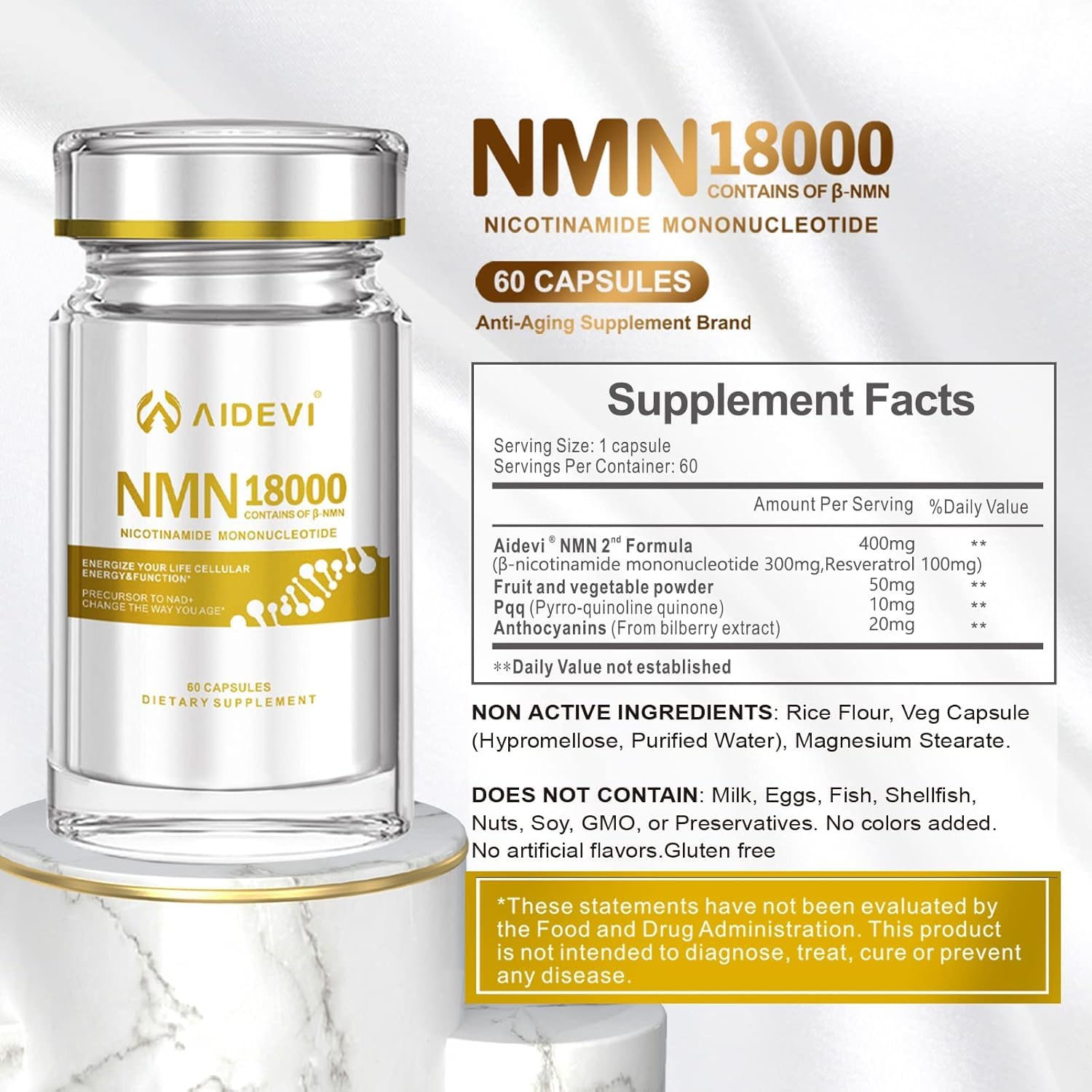 AIDEVI NMN 18000 bottle side shows capsules and dosage details.