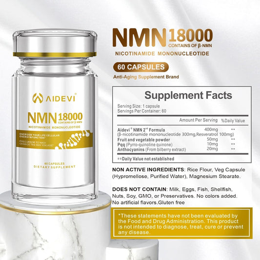 AIDEVI NMN 18000 bottle side shows capsules and dosage details.