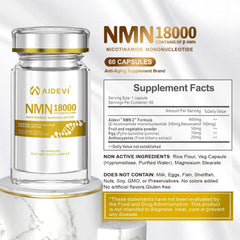 AIDEVI NMN 18000 bottle side shows capsules and dosage details.
